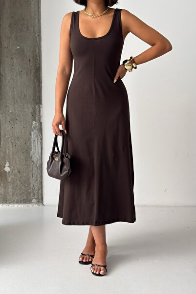 CrepTekstil Crep Women's U-Neck Strap Maxi Dress 100% Cotton Flared Cut Dress