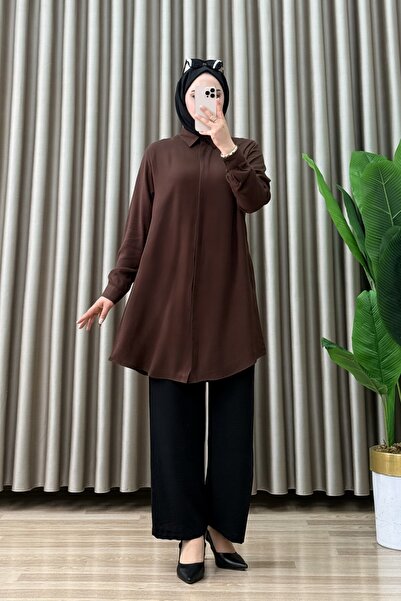 ALYA Icon Shirt Viscose Fabric Women's Brown Hidden Buttoned Hijab Comfortabl...