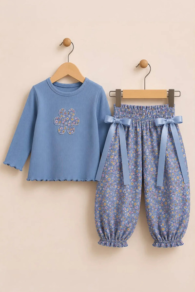 Minigimin Cicileri Vintage Floral Patterned Shalwar Set for Girls - Blue