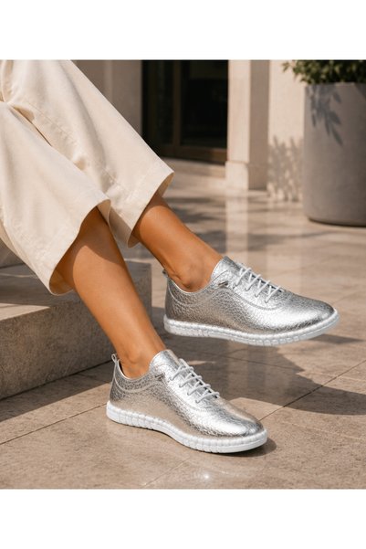MELİS'E Vip-Silver Color Genuine Leather Large Size Orthopedic Soft Shoes from 36 to 44E.