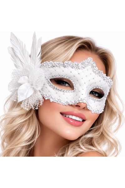 Marsilyan White Feathered Venetian Luxury Ball Mask () Ilkel-Grp9Y84