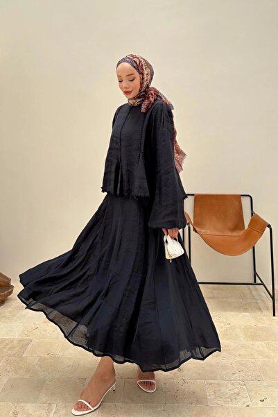 Gülşah collection Pompom Lace Detailed Skirted Double Set - Navy Blue