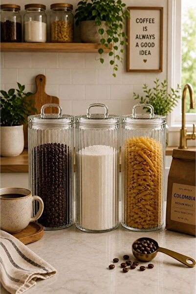 welcomein 1700 ml Set of 3 Ribbed Glass Storage Jars with Glass Lids Transpar...