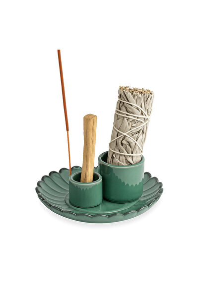 craftmystic 3 in 1 ceramic green flower holder - Palo Santo, Sage and Chopsticks