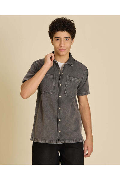 REDTAG Senior Boys Black Denim Short Sleeve Shirt