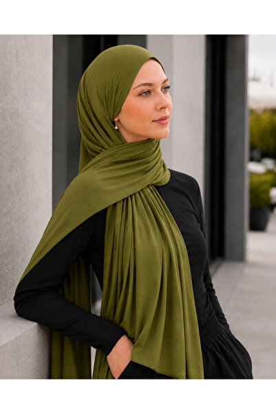 Merve Nayir شال حجاب من القطن الممشط والليكرا باللون الأخضر الزيتي