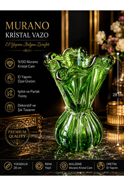 Atak Hediyelik Murano Kristal Cam Dekoratif Vazo Yeşil – El Yapımı Özel Tasar...