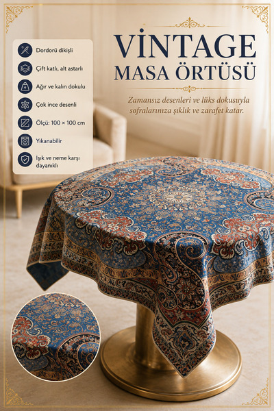 ARTAN GALLERY Vintage Masa Örtüsü 100x100 cm Çift Katlı Kenar Dikişli Yıkanab...