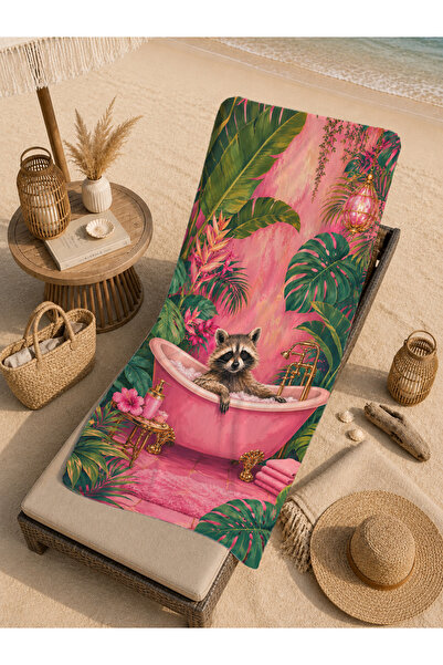 Evmila Maximalist Bathtub with Raccoon Tropical Leaf Pattern 70X150 Beach Tow...