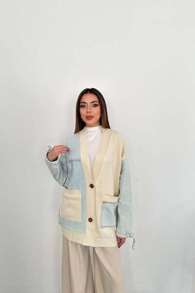 Moda Days Women's Blue Cardigan V-Neck Color Block Denim Garnished Buttoned P...