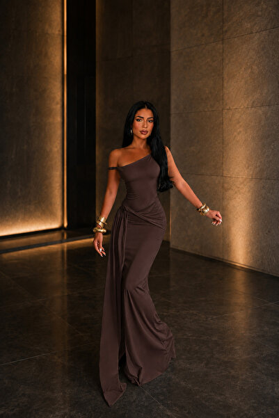 Deafox Brown Asymmetrical Twisted Strap Tailored Sandy Fabric Dress