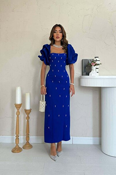 Clothes Fast Women's Saks Dress Midi Square Neck Balloon Sleeves Beaded Embro...