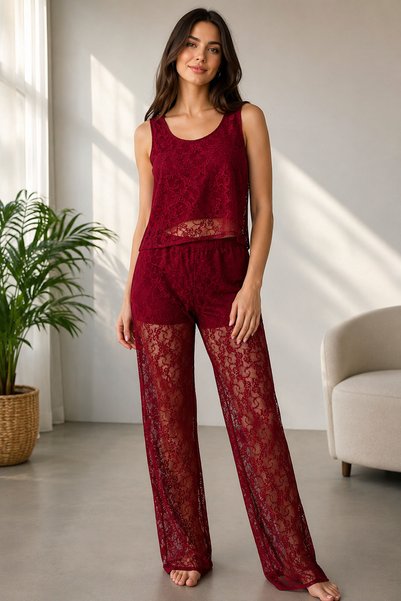 EastWest Trading Handmade Red French Lace Jersey Fabric Women's Set – Floral ...