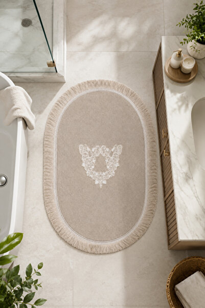 Teksev Mink Embroidered Non-Slip Leather Based Oval Bath Mat with Tassels and...