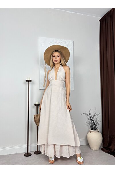 Clothes Fast Women's Beige Halter Neck Backless Layered Maxi Dress with Belte...