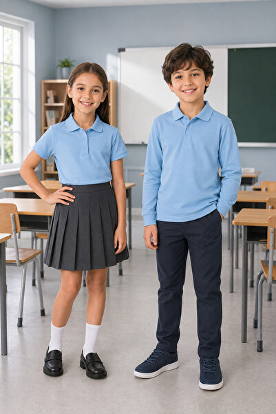 QKK Children's Unisex Light Blue 2-Piece Polo Collar School T-Shirt Set Short...