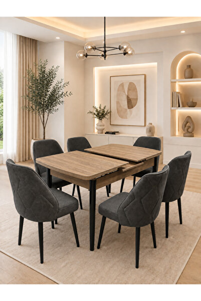 Concept Ayz Home Vienna Nova Serisi 6 Kişilik K.Gri Kumaş Antik Çam Mdf Açıla...