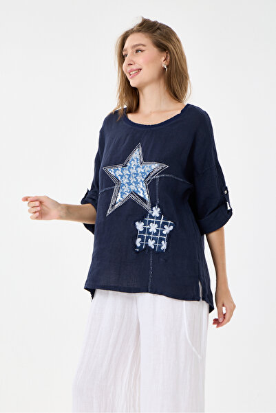 della moor Navy Blue Italian 100% Linen Star and Flower Pattern Patched Folde...
