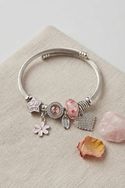 Clariss Silver Color Bracelet with Heart and Pink Charms