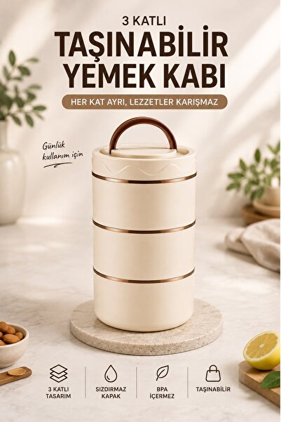 Kitchen Beauty 3 Katlı Beslenme Kabı Taşınabilir Lunch Box BPA İçermez Sızdır...