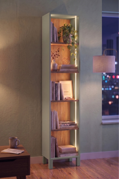Yurudesign Yoda 5 Raflı Neon Led Işıklı Dar Alan Kitaplık Ahşap Ayaklı Sepet-...