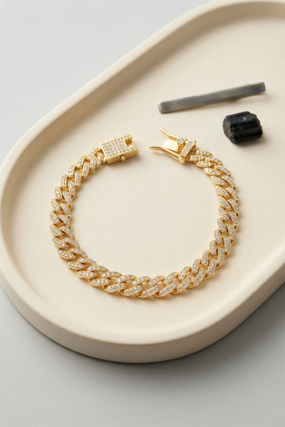 Marsilyan Gold Color Zircon Stone Cuban Chain Model Clip Closure Men's Bracel...