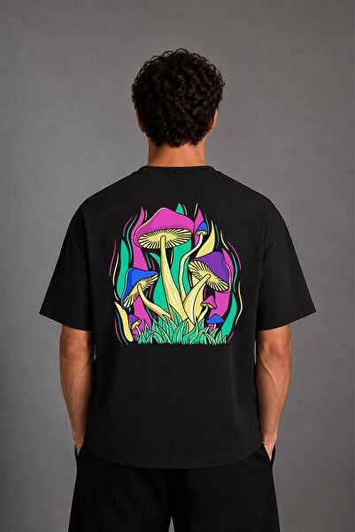 VSRN Tricou negru oversize cu imprimeu pe spate Mushrooms 1 Design