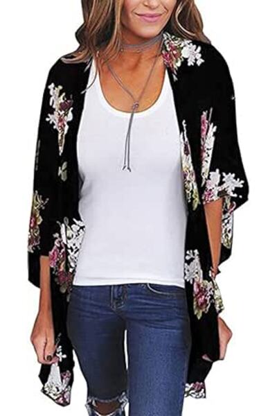 GENERAL Womens Cover Ups Chiffon Floral Print Kimono Loose Shawl Cardigan Boh...