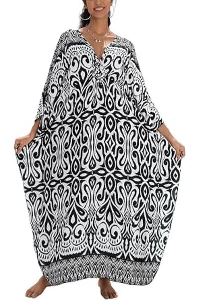 YouKD Maxi Dress V-Neck Kaftan Boho Robes Beach Cover-ups Dress Maxi Garment ...