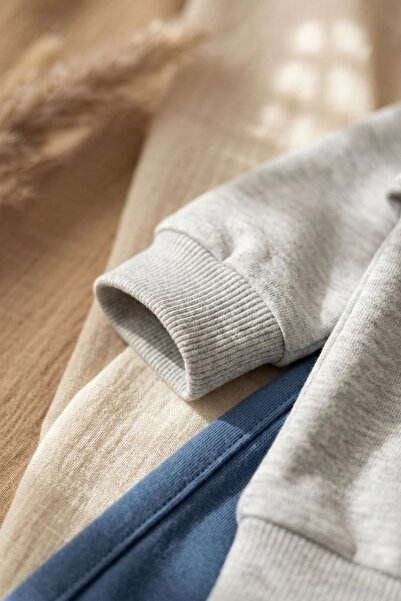Babydonat Pawsy Cotton Köpek Figürlü 2'li Bebek Takımı - Pamuklu Gri Sweatshirt Ve Lacivert Pantolon Seti
