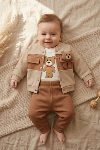 Babydonat Milo Teddy Bear 3-Piece Baby Set - Cotton Waffle Knit Cardigan, Bod...
