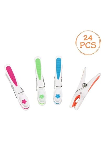 CATIANO Clești de rufe albi cu mâner colorat 8cm - 24 bucăți