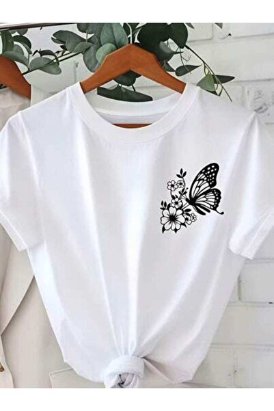 23ERVA Butterfly Pattern, Women's Floral Design, Pure Cotton T-Shirt, Spring ...