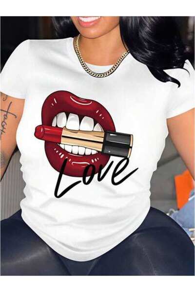 4CR Love, Women's Red Lips Lipstick Design, Pure Cotton T-Shirt, Casual Wear ...