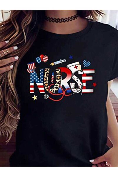 NOURAM Nurse, Women's American Flag Medical Symbols Design, Pure Cotton T-Shi...