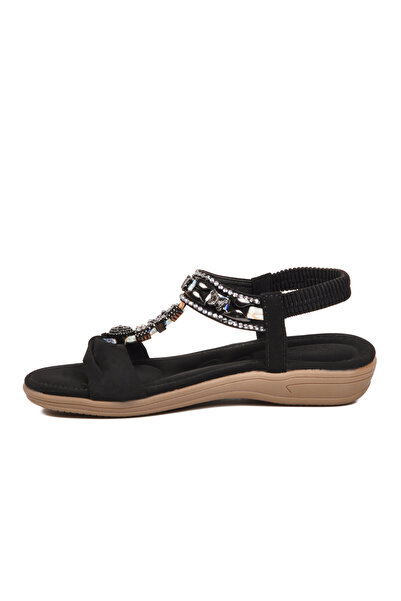 Voyager Women's Black Bow Detailed Stone Decorated Ankle Strap Sandals B326 Z