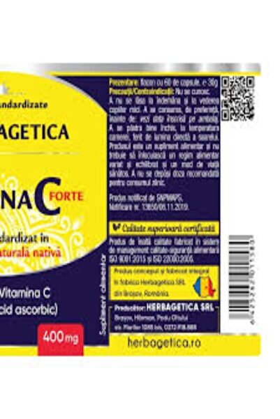 herbagetica Vitamina C Forte 400mg (60+60 capsule) – Pachet Promo 1+1 Cadou, extract din Acerola și Măceș pentru imunitate, rezistență și reîntinerire