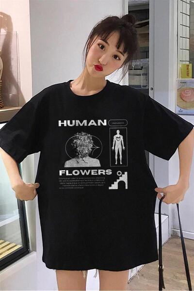 DEEFWEAR Mi̇ngalondon Human Flowers Black Unisex Oversize T-Shirt