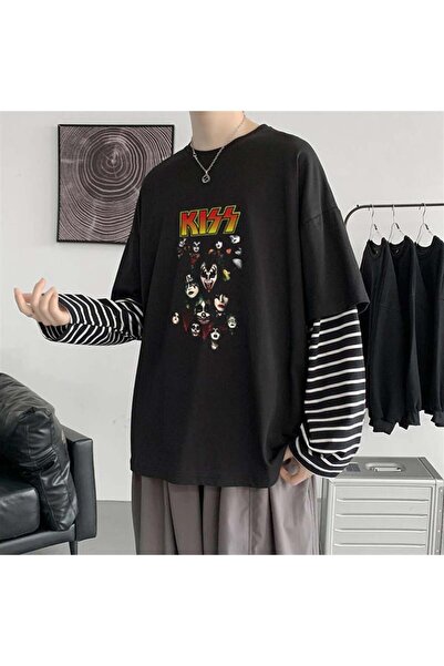 DEEFWEAR Kiss Rock Band Printed Fake Sleeves Unisex Black T-Shirt