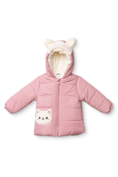 Midimod Kız Bebek Mont Hayvan Baskılı Fermuarlı Kapüşonlu Long Sleeve