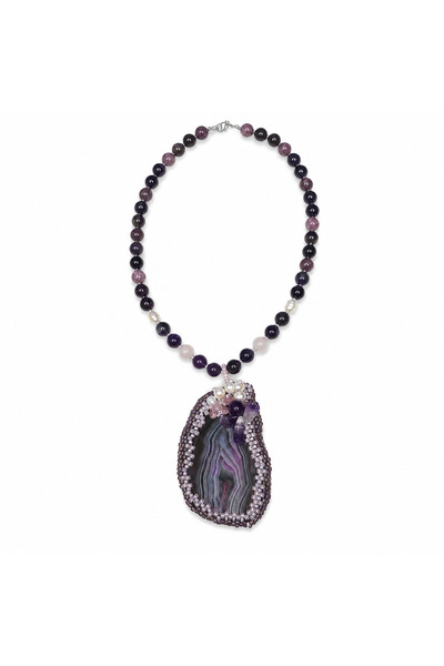 Amma Design Colier statement handmade cu agat, ametist, cuarț roz, rodonit și...