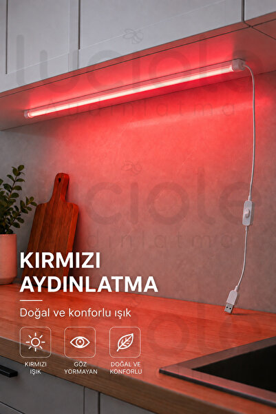 luciole Kırmızı USB LED Bar 100 cm Yapışkanlı Anahtarlı Dolap Tezgah Raf Deko...