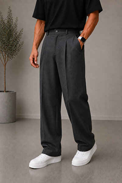 Montivo Men's Anthracite Gray Baggy Fabric Trousers Loose Fit Straight Leg