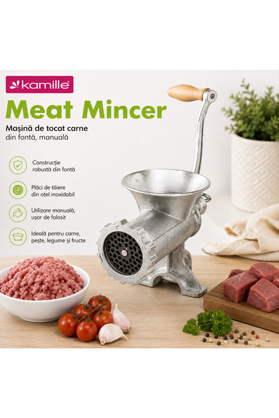 OEM Manual Cast Iron Meat Grinder with Wooden Handle, Stainless Steel Screen ...