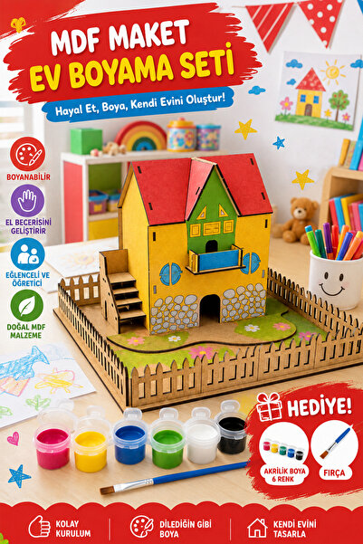 kutuTR MDF Maket Ev Boyama Seti | Ahşap Hobi ve Boyama Kiti | 6'lı Akrilik Bo...
