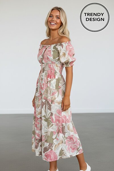 Trendy Design Rochie de Vară Midi cu Decolteu Bardot și Imprimeu Floral