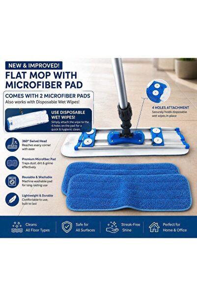 Generic Afras Flat Floor Mop with 2 Microfiber Pads and Disposable Wet Wipes ...