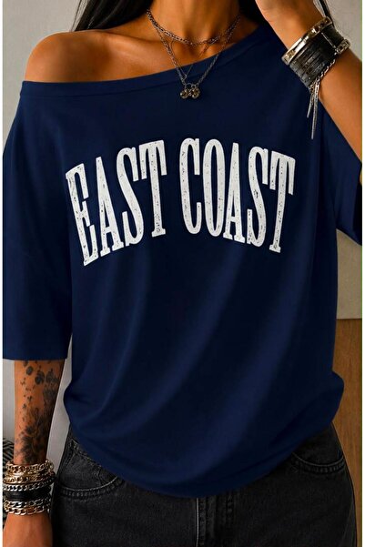 Elvino تي شيرت نسائي كبير الحجم مطبوع عليه East Coast برقبة على شكل قارب