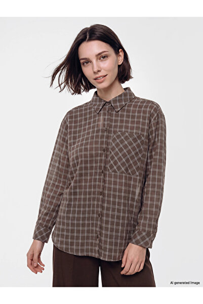 LC Waikiki Lcw Modest Brown Plaid Linen Blend Women's Shirt Tunic