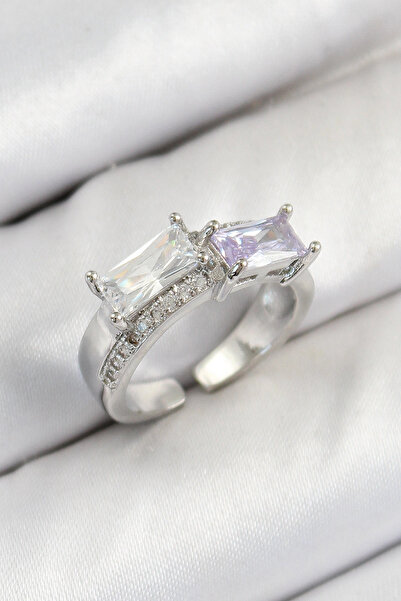 SORA GROUP Brass Zircon Stone Rectangular Model Silver Color Women's Ring